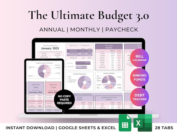 Annual Budget Planner Spreadsheet Finance Template Monthly Budget Income Expense Tracker Savings Bills Debt Tracker Excel Google Sheets