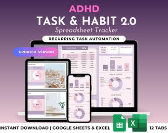 ADHD Habit & Task Tracker Goal Tracker Daily Weekly Planner Hourly Schedule Spreadsheet Time Block Assignment Tracker Google Sheets Excel