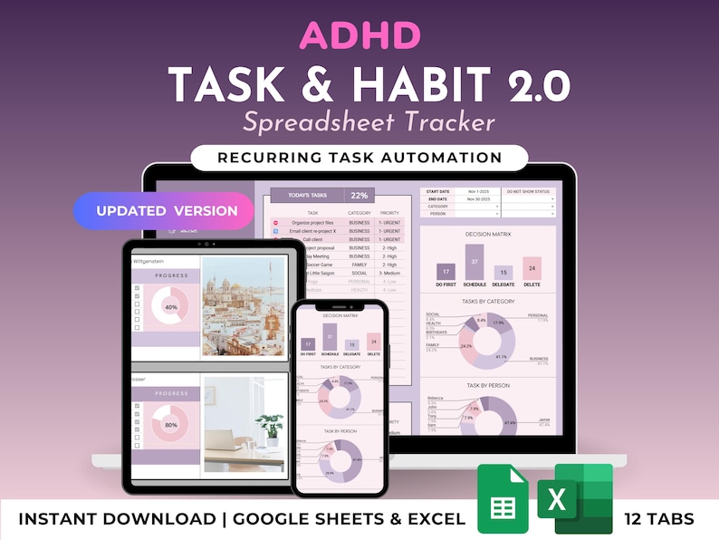 ADHD Habit & Task Tracker Goal Tracker Daily Weekly Planner Hourly ...
