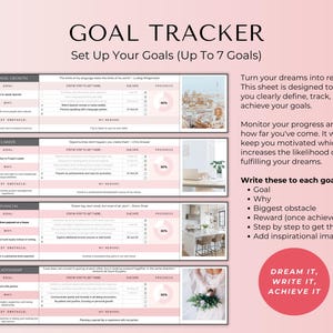 May include: A printable goal tracker worksheet with a pink background and a white grid. The worksheet is divided into sections for personal growth, career, financial, and relationship goals. Each section has a space for the goal, why, biggest obstacle, reward, steps to achieve the goal, and an inspirational image. The text "Dream it, Write it, Achieve it" is at the bottom of the worksheet.