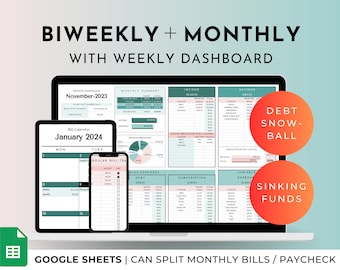 Biweekly Monthly Budget Google Sheets Planner Spreadsheets Weekly Paycheck Semi Monthly Template Bill Finance Tracker 50/30/20 Debt Snowball