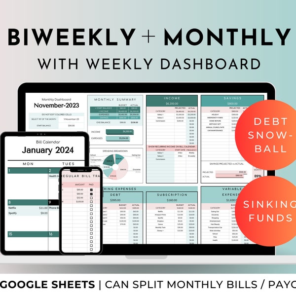 Biweekly Monthly Budget Google Sheets Planner Spreadsheets Weekly Paycheck Semi Monthly Template Bill Finance Tracker 50/30/20 Debt Snowball