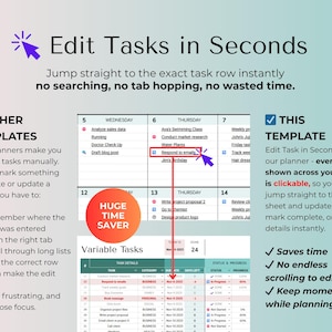 May include: A digital planner interface with the text "Edit Tasks in Seconds." The image contrasts two methods: a slower, manual process versus a faster, clickable task system. The image highlights time-saving features.