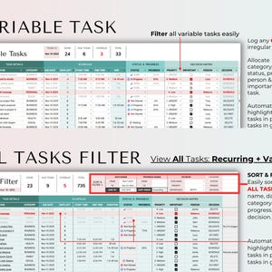 May include: A digital spreadsheet with the title "VARIABLE TASK" and "ALL TASKS FILTER" is displayed. The spreadsheet includes columns for task details, category, due date, and status. Text highlights features like filtering tasks and sorting by various criteria.