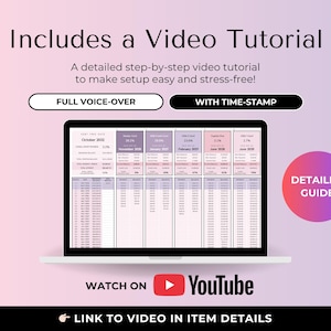 May include: A laptop screen displays a detailed spreadsheet with financial data. The image includes the text "Includes a Video Tutorial" and "Watch on YouTube". A detailed guide is also included.