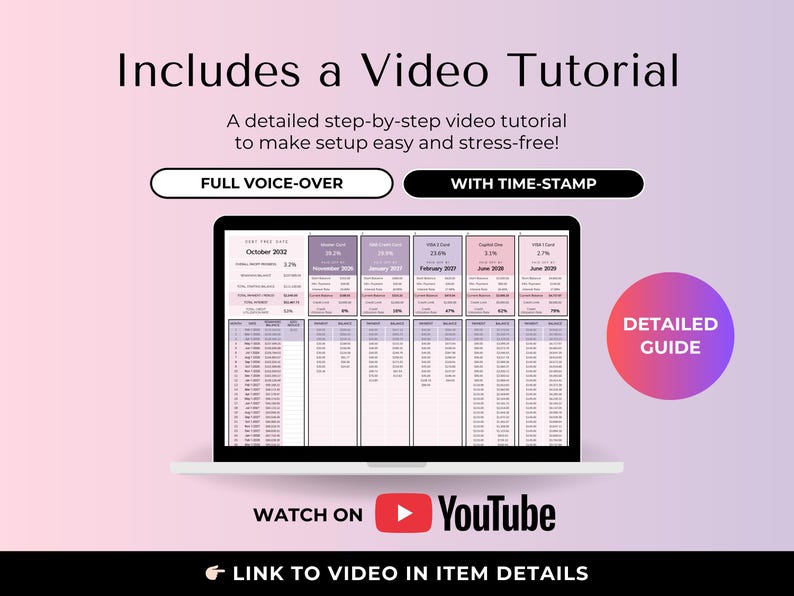 May include: A laptop screen displays a detailed spreadsheet with financial data. The image includes the text "Includes a Video Tutorial" and "Watch on YouTube". A detailed guide is also included.