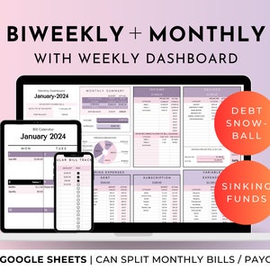 Biweekly Monthly Budget Google Sheets Planner Spreadsheets Weekly Paycheck Semi Monthly Template Bill Finance Tracker 50/30/20 Debt Snowball