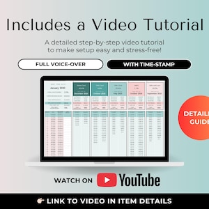 May include: A laptop screen displays a financial spreadsheet with columns for credit card debt, interest rates, and dates. Text includes Includes a Video Tutorial, Full Voice-Over, With Time-Stamp, Detailed Guide, Watch on YouTube, and Link to Video in Item Details.