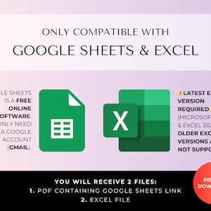 May include: Image promoting compatibility with Google Sheets and Excel. It features the Google Sheets and Excel logos, along with text stating the software is free and requires a Google account. It also mentions the latest Excel version is required.