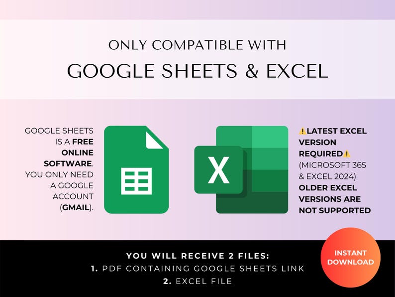 May include: Image promoting compatibility with Google Sheets and Excel. It features the Google Sheets and Excel logos, along with text stating the software is free and requires a Google account. It also mentions the latest Excel version is required.