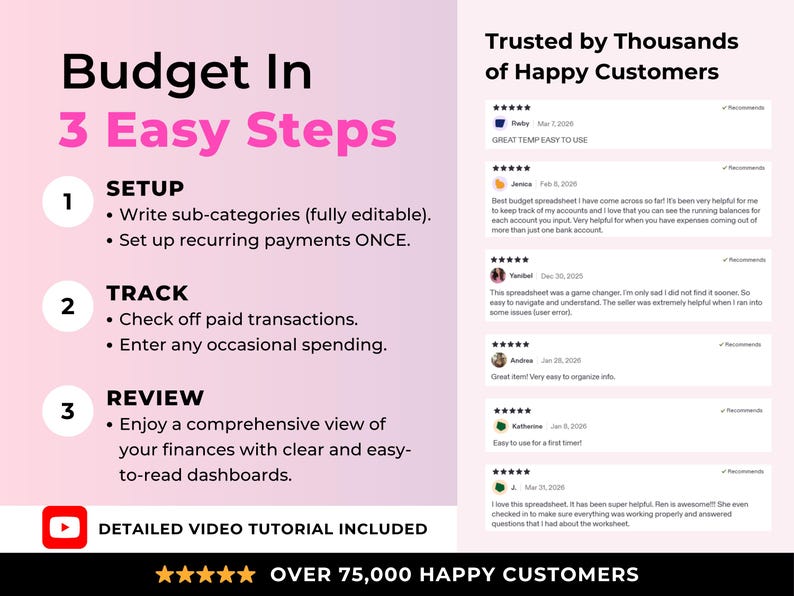 May include: A graphic promoting a budgeting tool, titled "Budget In 3 Easy Steps." The steps include setting up sub-categories, tracking transactions, and reviewing finances. Includes customer testimonials and a video tutorial link. Over 75,000 happy customers.