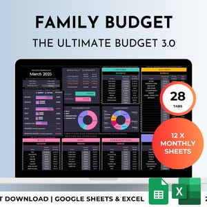 Annual Family Budget Spreadsheet: Google Sheets & Excel Financial Organizer (Dark Mode Planner)