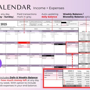 May include: A digital calendar template for May 2025, featuring income and expense tracking. The spreadsheet includes daily and weekly balance options, with a purple and white color scheme. Text includes "Calendar", "Income + Expenses", and "Start at any day (Monday - Sunday)."