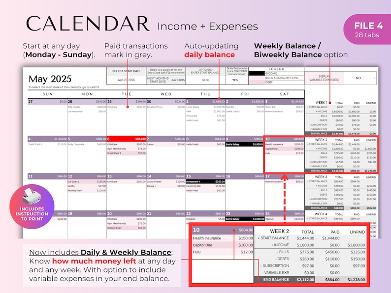 May include: A digital calendar template for May 2025, featuring income and expense tracking. The spreadsheet includes daily and weekly balance options, with a purple and white color scheme. Text includes "Calendar", "Income + Expenses", and "Start at any day (Monday - Sunday)."