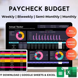 Paycheck Budget Spreadsheet Planner, Weekly, Monthly, Biweekly Bill, Debt Tracker (Excel & Google Sheets Template)