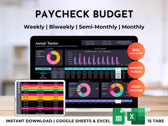 Paycheck Budget Spreadsheet Planner, Weekly, Monthly, Biweekly Bill, Debt Tracker (Excel & Google Sheets Template)