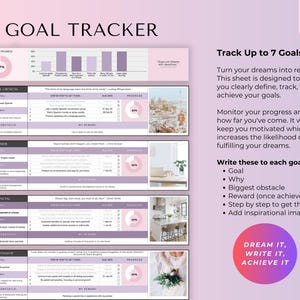 May include: A lilac-colored goal tracker with the text "GOAL TRACKER" at the top. The planner includes sections for personal growth, career, finances, and relationships. The text "LIFE PLANNER 10 tabs" is in the upper right corner. The planner is designed to help track goals.