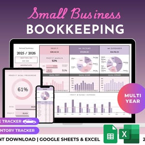 May include: A digital bookkeeping template displayed on a laptop, tablet, and smartphone. The screen shows financial data, charts, and graphs. The text includes "Small Business Bookkeeping", "Mileage Tracker", and "Inventory Tracker". The design is in shades of pink and purple.