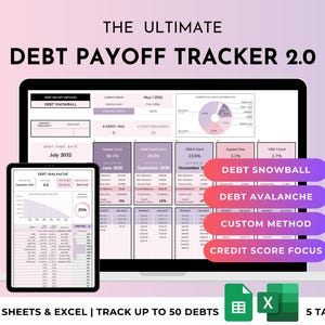 May include: A laptop and tablet showing a debt payoff tracker spreadsheet. The screen displays financial data and charts. The text on the screen reads "DEBT PAYOFF TRACKER 2.0" and "GOOGLE SHEETS & EXCEL | TRACK UP TO 50 DEBTS".