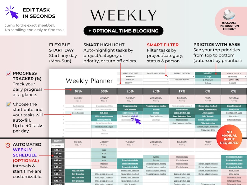 May include: A digital weekly planner template with a pink and white design. Features include time-blocking, task highlighting, and filtering options. The planner allows for automated scheduling and progress tracking. Text includes "Weekly" and "Edit Task in Seconds".