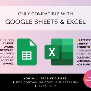 K&ouml;nnte beinhalten: Grafik, die die Kompatibilit&auml;t mit Google Sheets und Excel anzeigt. Enth&auml;lt Symbole f&uuml;r Google Sheets und Excel sowie Text, der ein Google-Konto erfordert. Die neueste Excel-Version ist erforderlich.