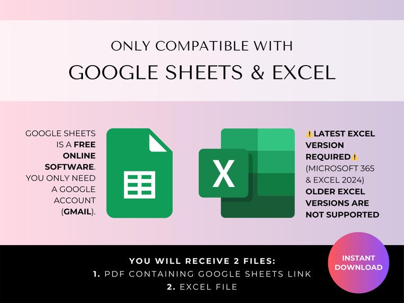 K&ouml;nnte beinhalten: Grafik, die die Kompatibilit&auml;t mit Google Sheets und Excel anzeigt. Enth&auml;lt Symbole f&uuml;r Google Sheets und Excel sowie Text, der ein Google-Konto erfordert. Die neueste Excel-Version ist erforderlich.