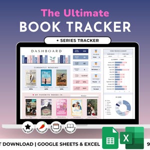 Può includere: Una dashboard digitale per il monitoraggio dei libri visualizzata su uno schermo di un portatile, con sezioni per le letture in corso, riepiloghi annuali e libri preferiti, inclusi icone per valutazioni, calendari e abitudini.
