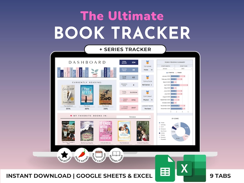 May include: A digital book tracker dashboard displayed on a laptop screen, featuring sections for currently reading books, yearly reading summaries, and favorite books. Includes icons for star ratings, spice ratings, calendars, and reading habits.