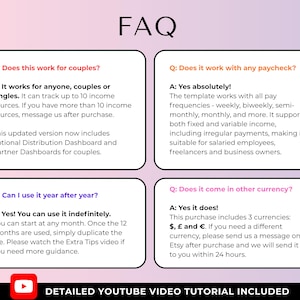 May include: A graphic with the title "FAQ" and four question-and-answer sections. The questions address compatibility with couples, paycheck types, currency options, and usage duration. A YouTube video tutorial is included.