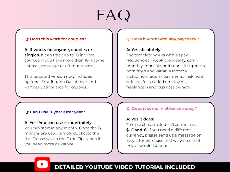 May include: A graphic with the title "FAQ" and four question-and-answer sections. The questions address compatibility with couples, paycheck types, currency options, and usage duration. A YouTube video tutorial is included.