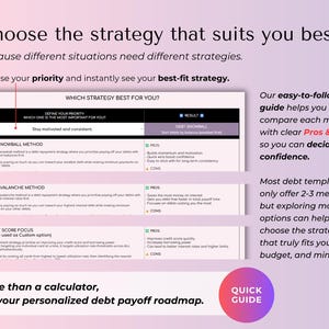 May include: A debt payoff guide with a purple and white design. The guide includes a comparison of debt repayment strategies, such as the Debt Snowball Method and Debt Avalanche Method, with pros and cons. The text reads "Choose the strategy that suits you best."