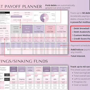 May include: Debt payoff planner with 28 tabs. Features include tracking up to 50 debts using 4 methods, and tracking up to 40 savings. Includes payment schedules and total interest calculations. The planner is on a light purple background.