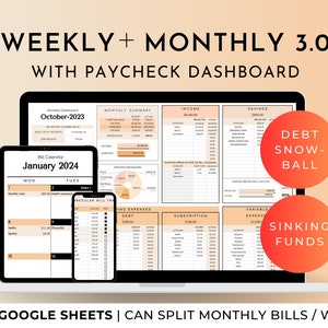 Weekly and Monthly Budget Spreadsheet Google Sheets, Bill Tracker, Paycheck Finance Tracker, 50 30 20, Sinking Funds Tracker, Debt Snowball