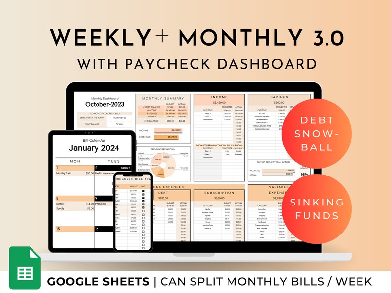 Weekly and Monthly Budget Spreadsheet Google Sheets Bill image 1