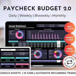 Budgetspreadsheet salaris | Wekelijks, tweewekelijks en maandelijks budget | Bill Tracker, schuldentracker, financiële planner | Google Spreadsheets-sjabloon