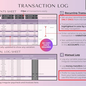 May include: A digital spreadsheet titled "Transaction Log" with sections for payments and manual logs. The image highlights features like filtering transactions, recurring transactions setup, and manual entry for expenses. The text says "Ultimate Budget" with 28 tabs.