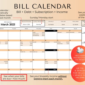 May include: A printable bill calendar for tracking bills, debt, subscriptions, and income. The calendar is for March 2023 and includes a section for total bills, total paid, and total unpaid. It also includes instructions for printing.