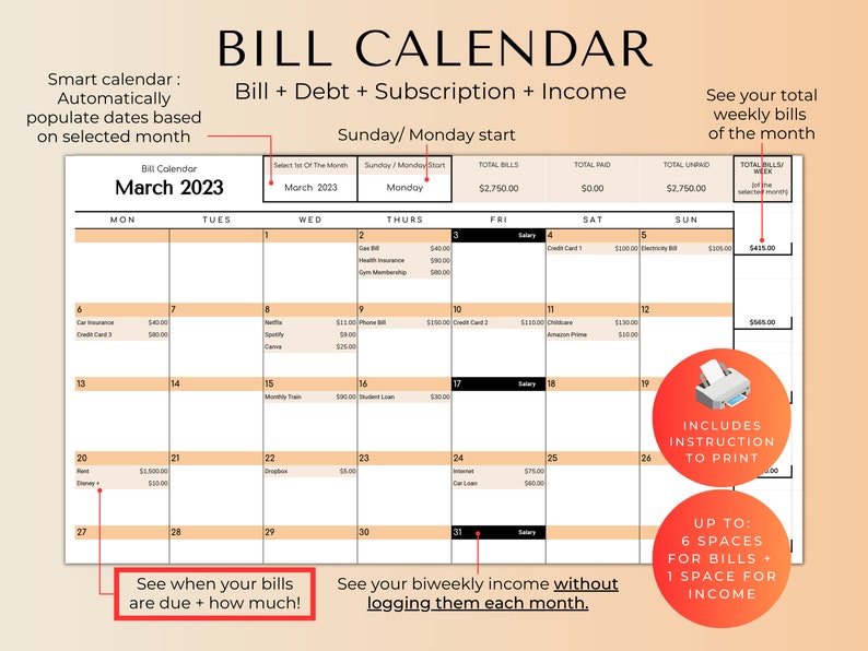 May include: A printable bill calendar for tracking bills, debt, subscriptions, and income. The calendar is for March 2023 and includes a section for total bills, total paid, and total unpaid. It also includes instructions for printing.