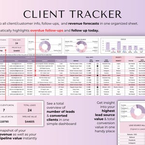 May include: A digital client tracker spreadsheet with a purple and white color scheme. The spreadsheet includes sections for client information, lead sources, and revenue forecasts. Text on the image reads "CLIENT TRACKER" and "FILE 3 2 tabs".