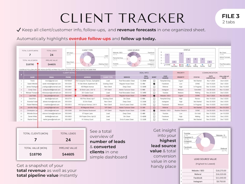 May include: A digital client tracker spreadsheet with a purple and white color scheme. The spreadsheet includes sections for client information, lead sources, and revenue forecasts. Text on the image reads "CLIENT TRACKER" and "FILE 3 2 tabs".