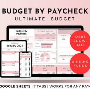 Budget ultime par chèque de paie Feuille de calcul Google Sheets Planner Mensuel Hebdomadaire bimensuel Bimensuel 50/30/20 Modèle de suivi financier rose