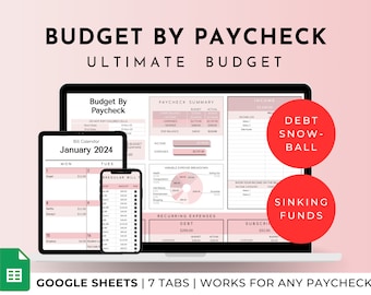 Budget ultime par chèque de paie Feuille de calcul Google Sheets Planner Mensuel Hebdomadaire bimensuel Bimensuel 50/30/20 Modèle de suivi financier rose