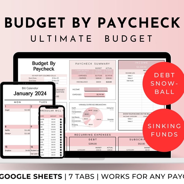 Ultimate Budget by Paycheck Spreadsheet Google Sheets Planner Monthly Weekly Biweekly Semi Monthly 50/30/20 Financial Tracker Pink Template