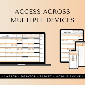 Puede incluir: Una maqueta que muestra c&oacute;mo una aplicaci&oacute;n de calendario y seguimiento de facturas se puede acceder desde varios dispositivos, incluyendo un port&aacute;til, una tableta y un tel&eacute;fono m&oacute;vil. La aplicaci&oacute;n presenta una vista de calendario para marzo de 2023 y un seguimiento de facturas con una lista de facturas y sus fechas de vencimiento.