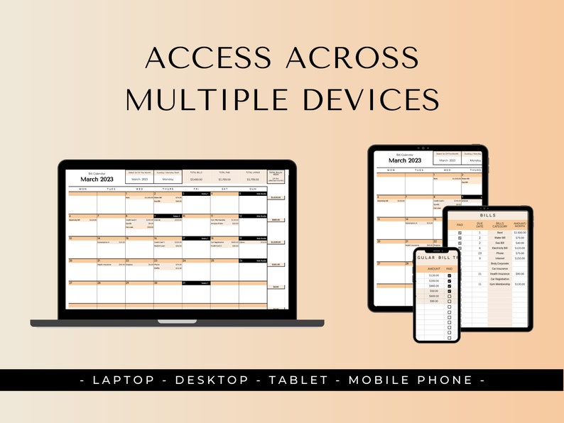 Puede incluir: Una maqueta que muestra c&oacute;mo una aplicaci&oacute;n de calendario y seguimiento de facturas se puede acceder desde varios dispositivos, incluyendo un port&aacute;til, una tableta y un tel&eacute;fono m&oacute;vil. La aplicaci&oacute;n presenta una vista de calendario para marzo de 2023 y un seguimiento de facturas con una lista de facturas y sus fechas de vencimiento.