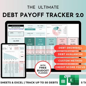 May include: A digital debt payoff tracker displayed on a laptop and tablet. The screen shows financial data, charts, and the text "DEBT PAYOFF TRACKER 2.0". Includes options for "DEBT SNOWBALL" and "DEBT AVALANCHE" methods. The text "GOOGLE SHEETS & EXCEL" is also visible.