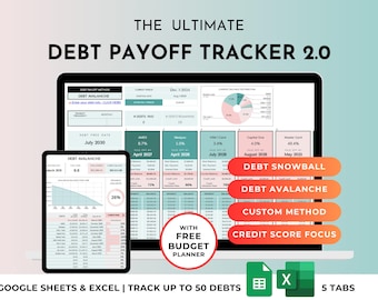 Debt Payoff Tracker, Snowball Avalanche Calculator, Credit Card Tracker, Home Loan, Student Loan, Debt-Free Planner (Google Sheets & Excel)