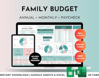 Annual Family Budget Spreadsheet for Household Expenses, Joint Finances, 12 Monthly Tabs, Bills, Debt Tracker, Excel Google Sheets Planner