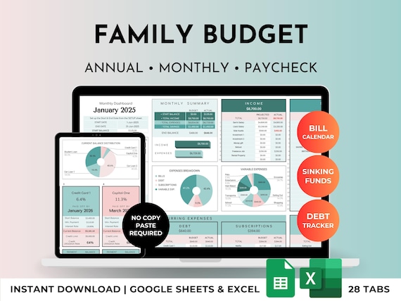 Annual Family Budget Spreadsheet for Household Expenses, Joint Finances, 12 Monthly Tabs, Bills, Debt Tracker, Excel Google Sheets Planner