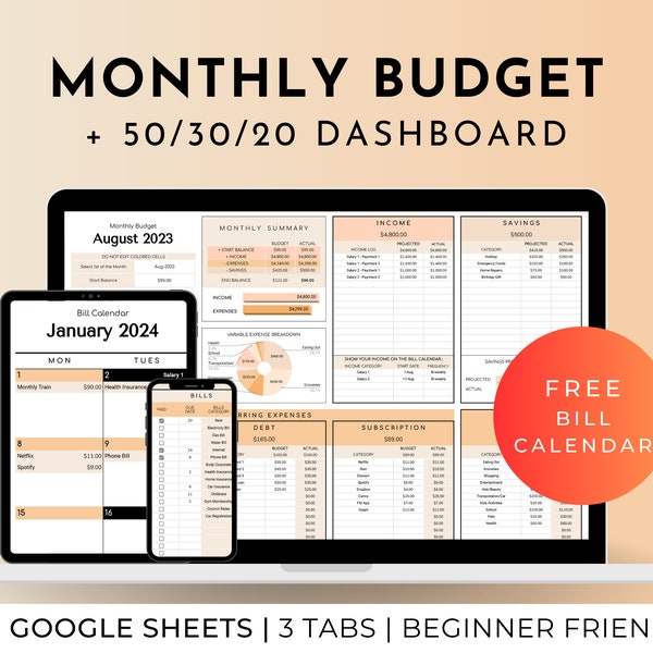 Monthly Budget Spreadsheet Google Sheets Planner Template, 50 30 20 Zero Based Budget, Weekly Expense Spending Finance Tracker Bill Calendar